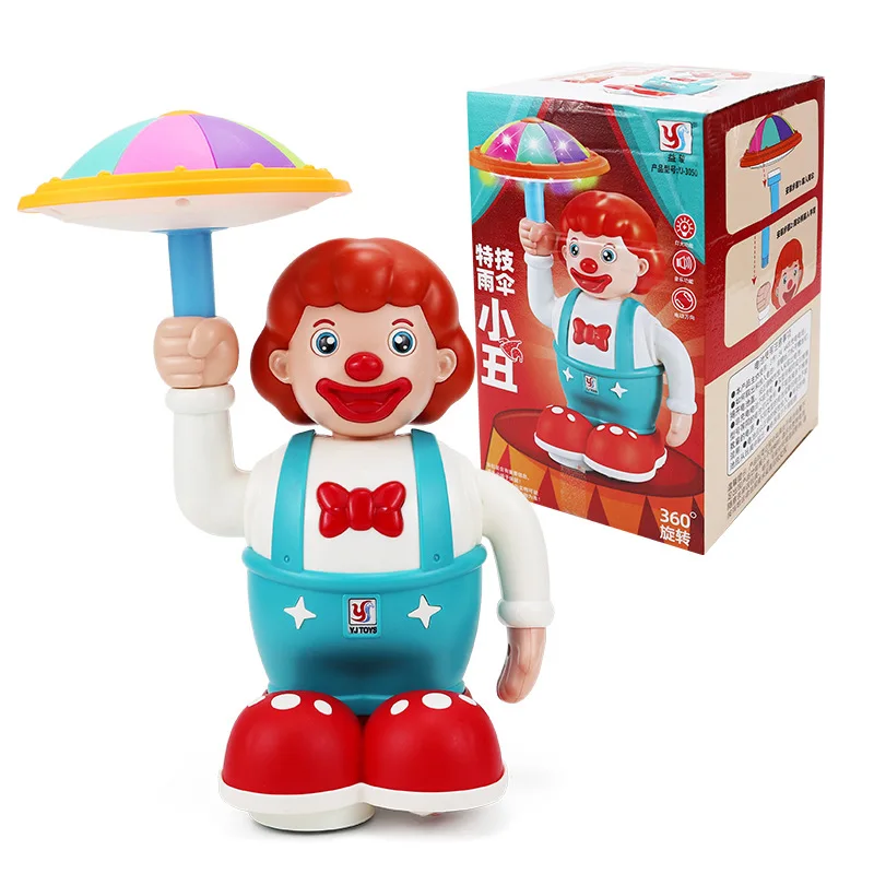 Nuevo juguete eléctrico universal de payaso con paraguas giratorio, iluminación, música, muñeca de juguete para niños, venta al por mayor en inglés