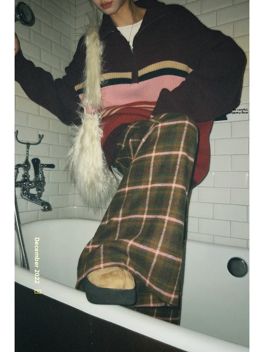 High Waist Wide Leg Woolen Pants Women's Loose Casual Plaid Trousers Autumn Winter New Sle G Sle Commute Faion