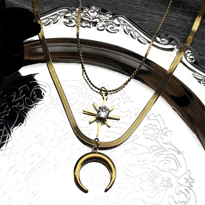 

Witchcraft Crescent Moon Rhinestone Star Double-layer Choker Chain Necklaces for Women Men Stainless Steel Silver Color Jewelry