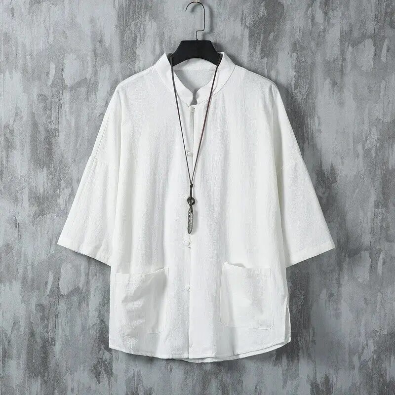 

Men's Lightweight Solid Color Mandarin Collar Shirt Short Sleeve Kung Fu Style Casual Top with Frog Buttons for Daily Wear