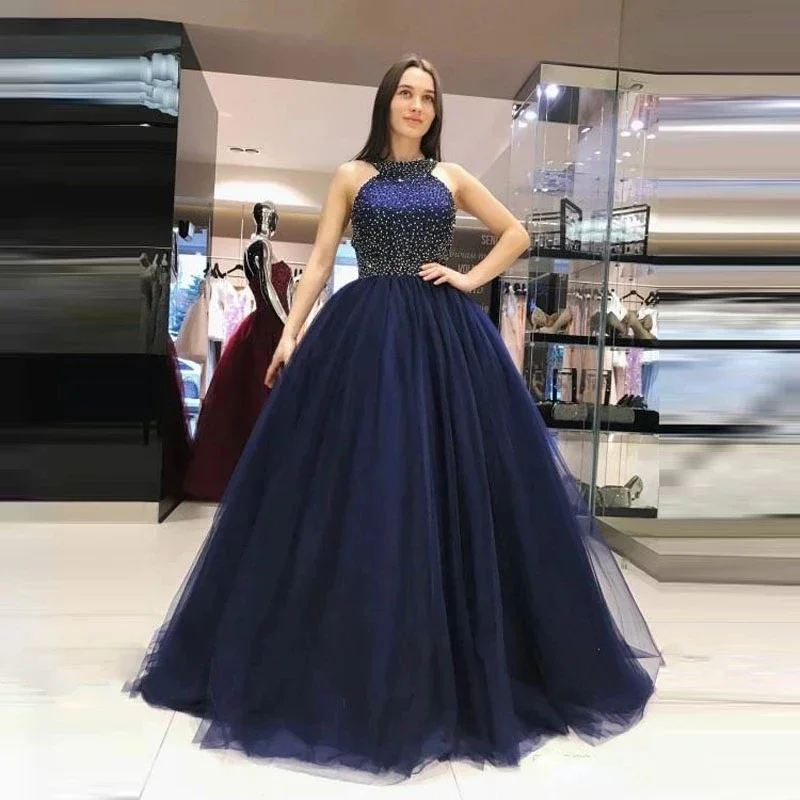 Vestido De baile De quinceañera, cuentas brillantes, cuello Halter, tul De 15 años, espalda abierta, dulce 16