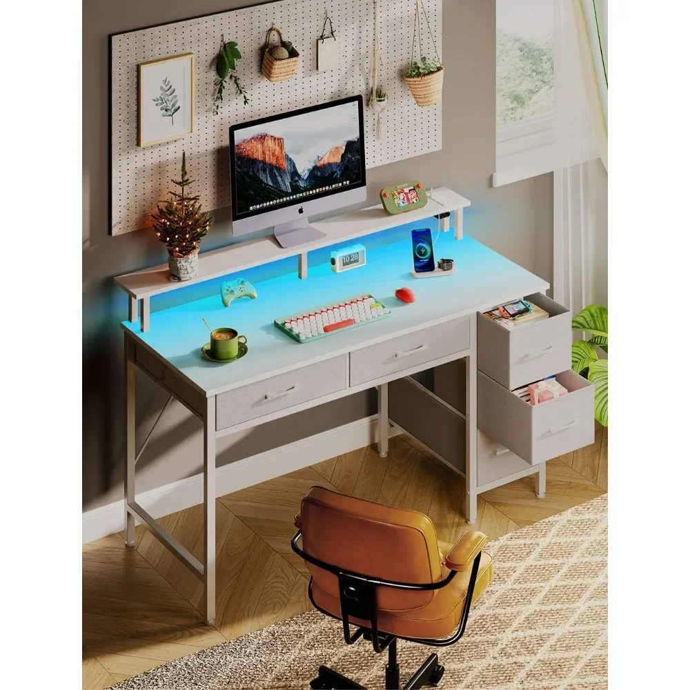 

Computer Desk, with Power Outlets & LED Light, 47 Inch Home Office Desks with 5 Drawers, with Monitor Stand, Computer Desk