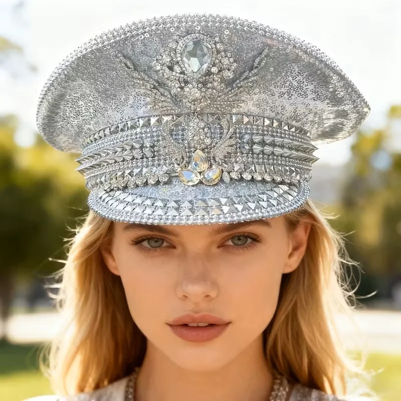 

HongLuan Glitter Silvery Steampunk Captain Hat Rhinestone for Burning Man Festival Woman, Vintage Military Accessories & Cap Man
