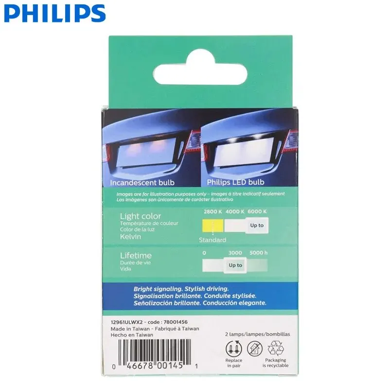 Philips-bombilla LED T10 W5W 194 Ultinon 6000K, luz blanca fría para intermitente de coche, luz Interior para puerta, placa de lectura, 12961ULWX2