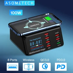 100W 8 Ports USB Charger Quick Charge 3.0 Adapter HUB Wireless Charger Charging Station PD Fast Charger For iPhone 11 13 Samsung