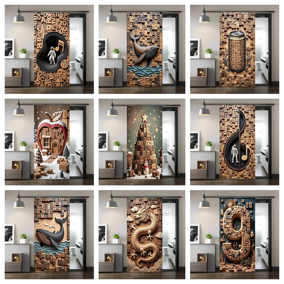 Creative Wood Carving Decorative Painting Drink Can Whale PVC Doors Sticker Full Door Wrap Wallpaper Customize Home Poster