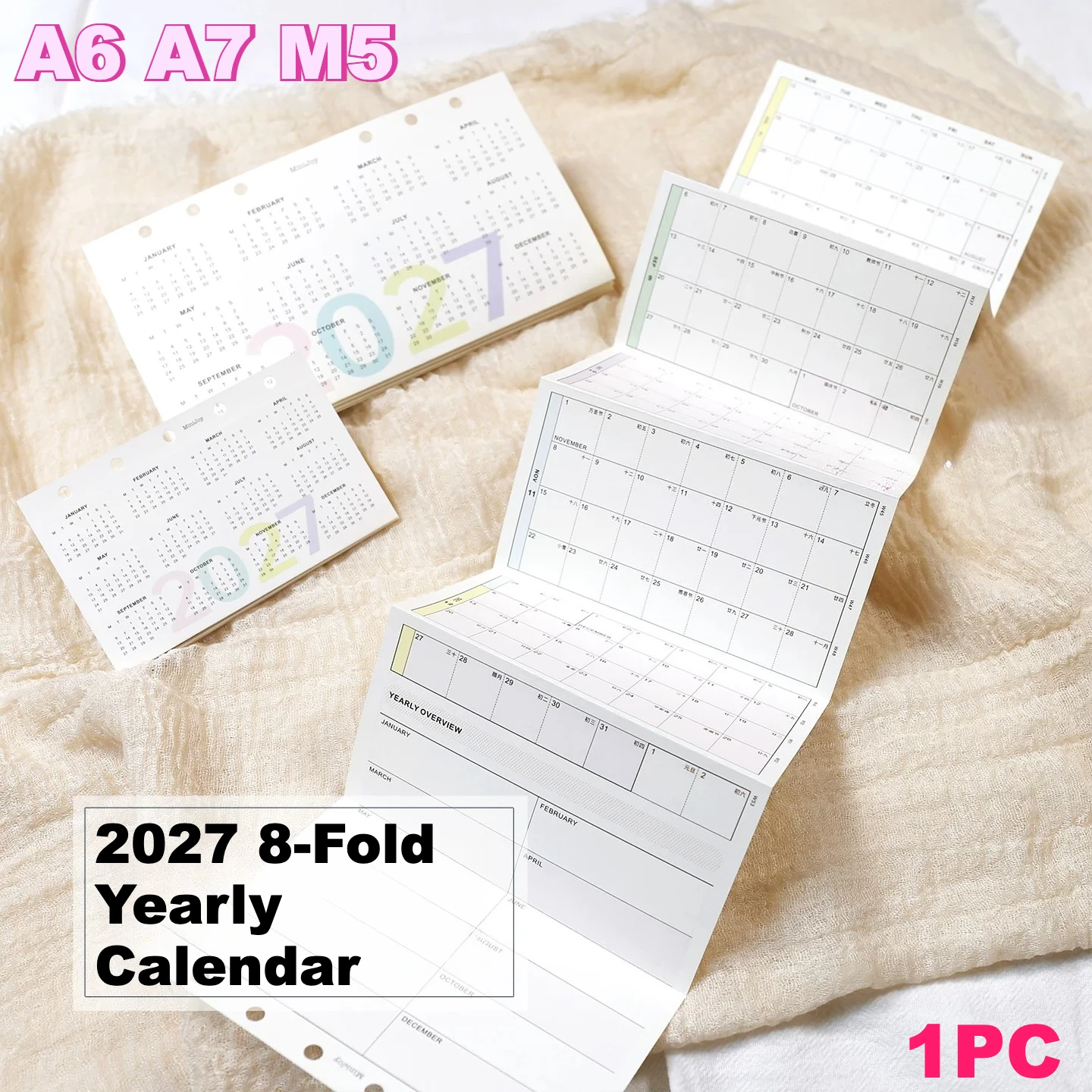 2027 8-fach faltbarer Jahreskalender, lose Blätter, Notizbuch, Planer-Einlage, A6 A7 A8 Kalender, 24 Solar-Terme, Feiertagsplaner-Einlage
