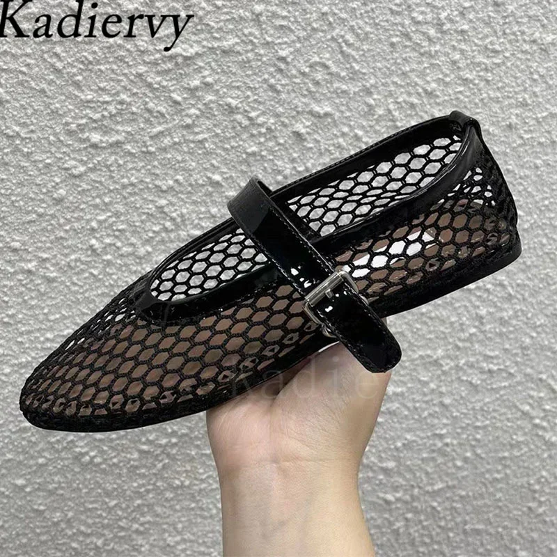 

Black Ballet Flat Shoes Women Round Toe Belt Buckle Mary Janes Shoes Mesh Hollow Out Summer Boots Women Runway Shoes Woman