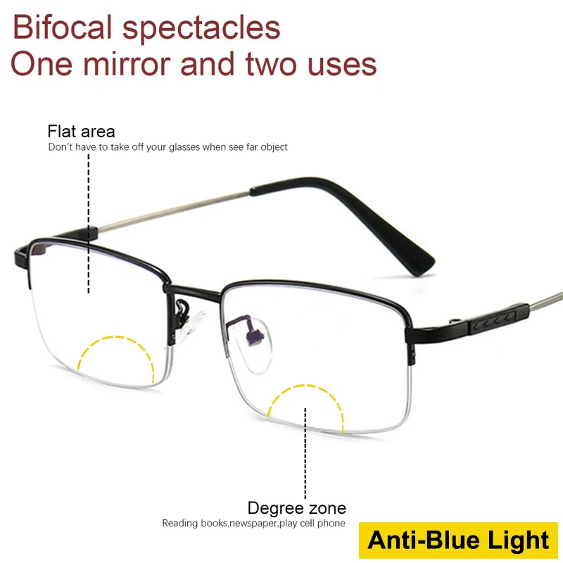 

Hot Fashion Bifocal spectales Near-far dual-purpose Bifocal Reading Glasses Men Half-Frame Anti-fatigue Hyperopia Eyeglasses