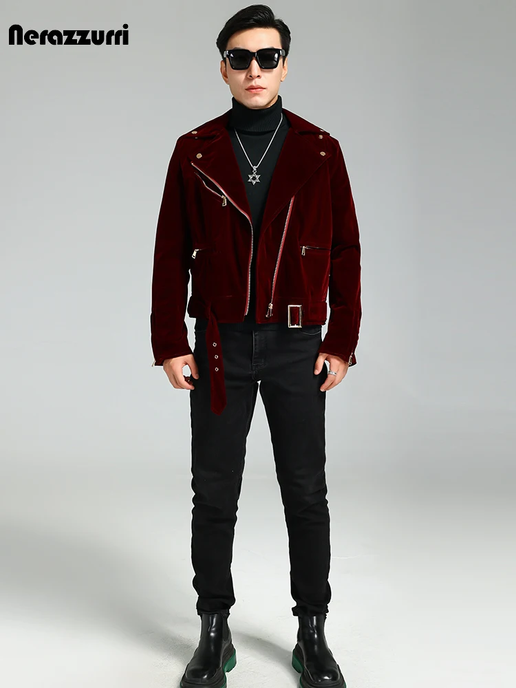 Nerazzurri Spring Autumn Cool Handsome Short Burgundy Black Velvet Moto & Biker Jacket Men Long Sleeve Luxury Designer Clothing