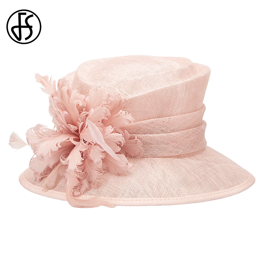 Elegancki damski melonik Sinamay z kwiatowym piórem dla kobiet Idealny na wesele Koktajl Tea Party Kentucky Visor Bucket Cap