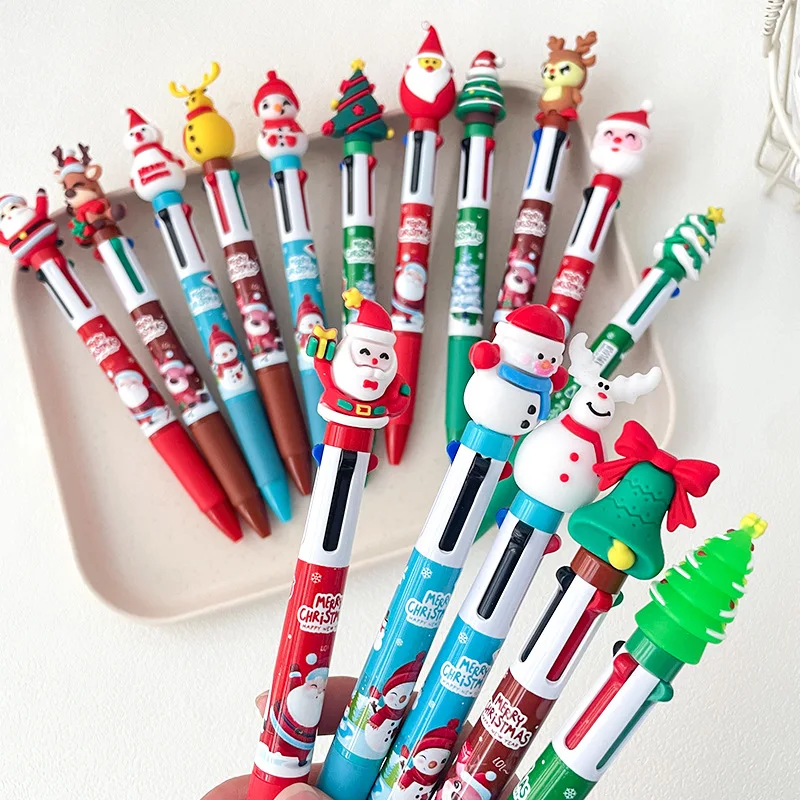 10Pcs Cute Santa Claus Reindeer Snowman 4 in 1 Colors Ballpoint Pen for Merry Christmas Theme Party Favors Back To School Gifts