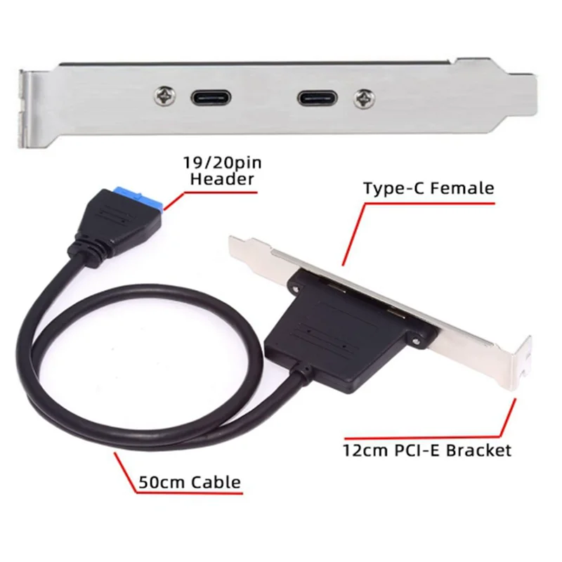 USB 3.0 Front Panel Header 19/20Pin Male to 2 USB C Female Chassis Back Panel Port Extension Cable with 12cm PCI-E Slot Bracket