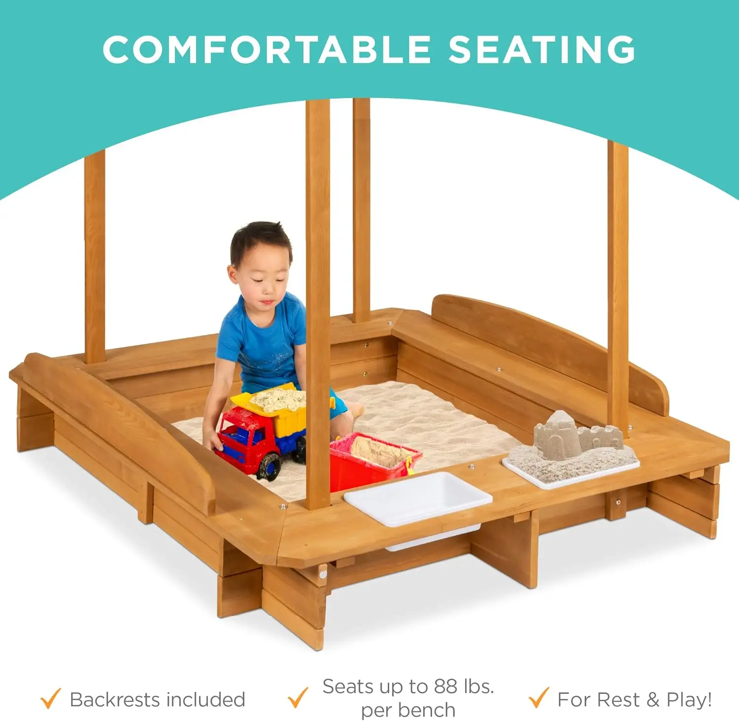 Stazione di gioco per sabbiera Cabana in legno per bambini, esterno, cortile con 2 panche, paralume per baldacchino resistente ai raggi UV, sabbia in tessuto