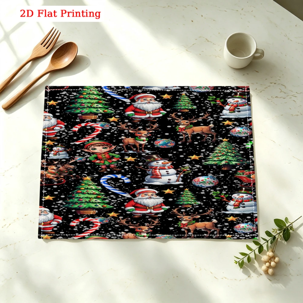 1pc Christmas Placemat Black Santa Claus Reindeer Tree Table Mat Kitchen Dining Decor Protection 30x40cm