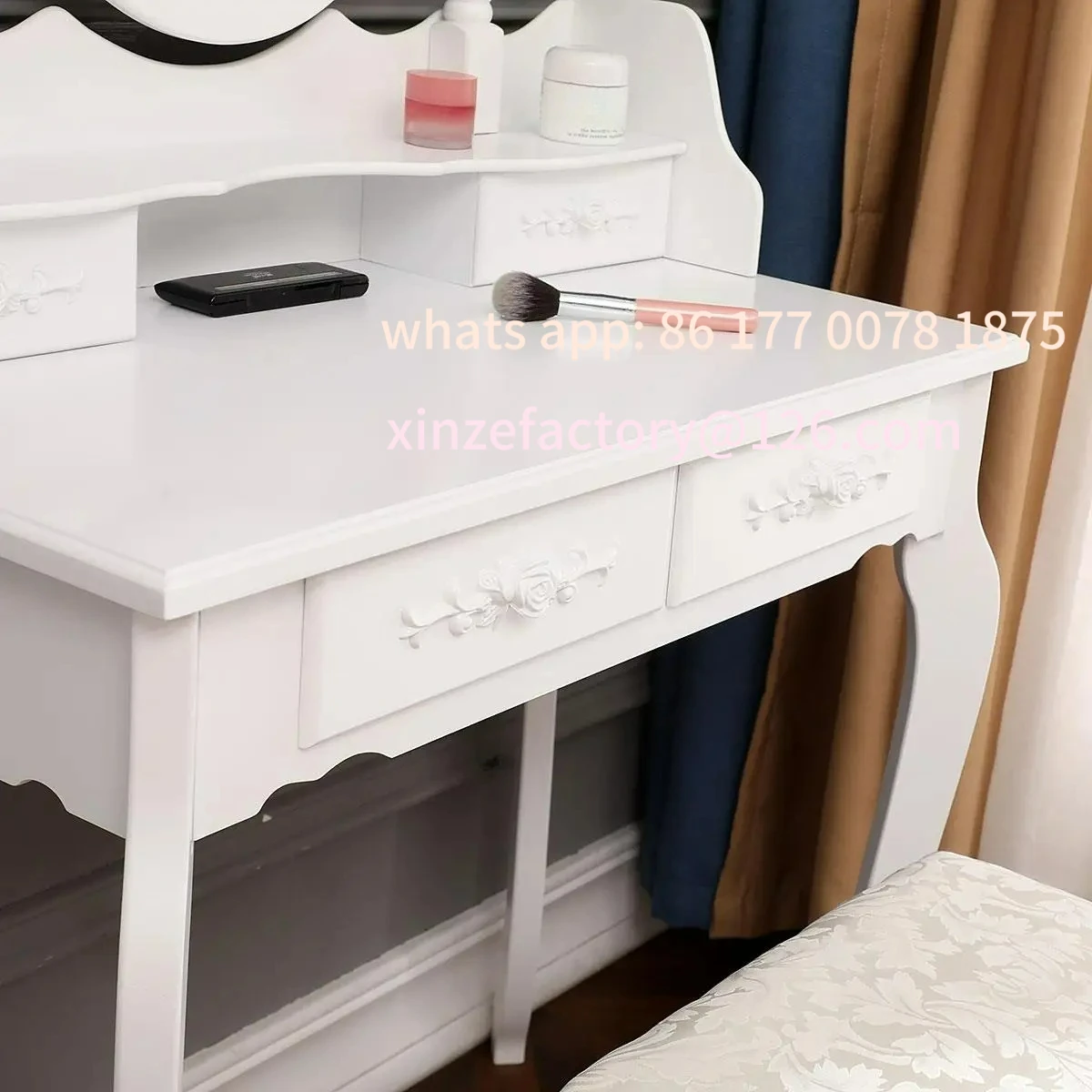 Tocador de maquillaje con espejo personalizable, juego de tocador moderno con taburete para dormitorio