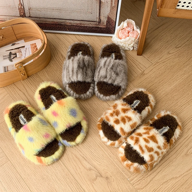

Children's Cotton Slippers 3-18 Years Old Home Boys Girls Fur Shoes Beige Leopard Print Outdoor Soft Non-slip Kids Flat Shoes