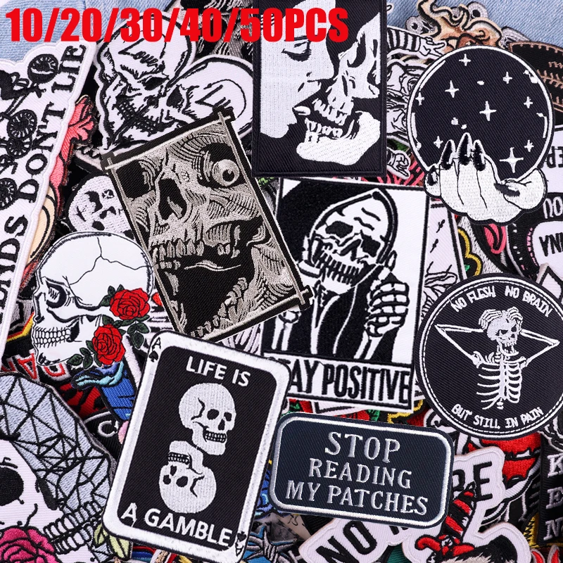 

10/20/30/40/50PCS Random Mixed Punk Skull Embroidery Sew Patch Iron On Patches Jackets DIY Black And White Style Skull Patches