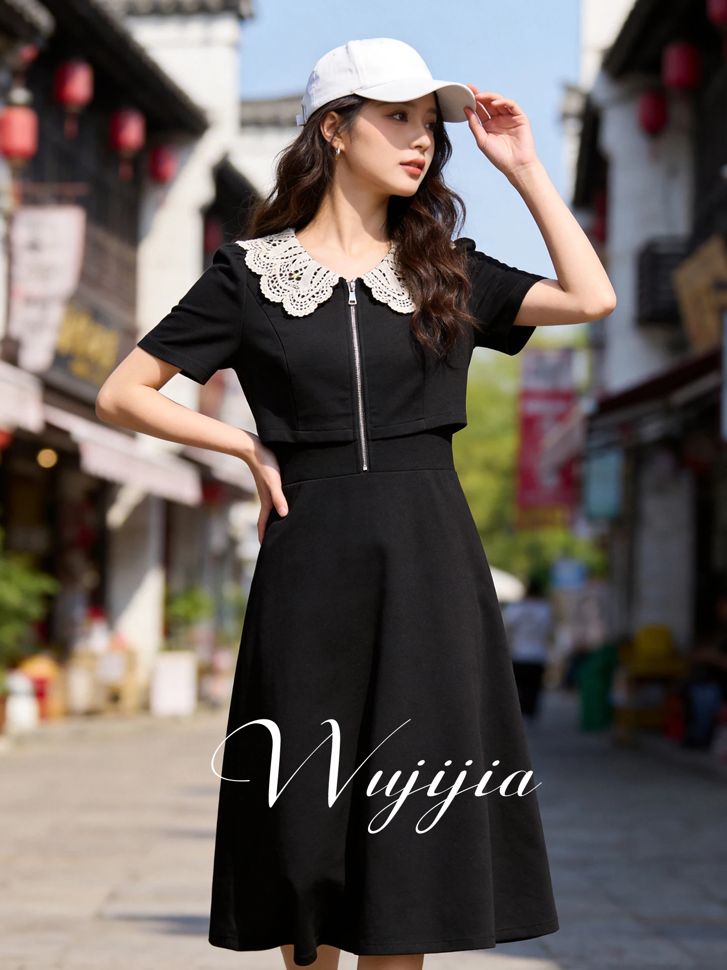 

Slimming plus Size Women's Dress Lace Collar School Style Waist Cinched Summer New Arrival Elegant Polyester Fiber Short Sleeve