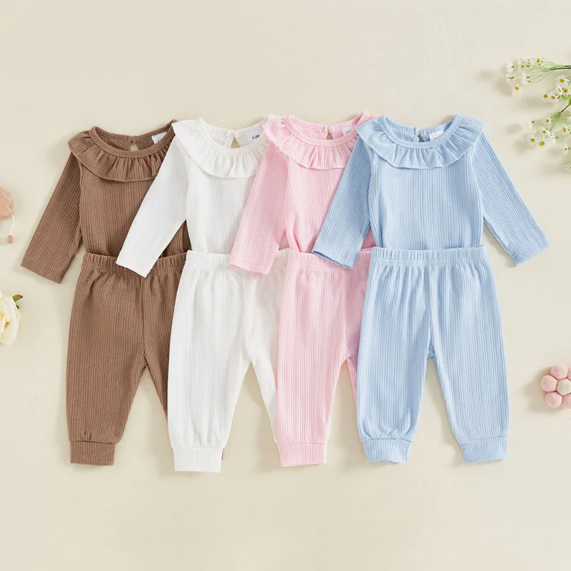 Newborn Baby Girl Pant Sets 2Pcs Fall Clothes Long Sleeve Ruffle Collar Bodysuit and Pants Set Infant Baby Clothing