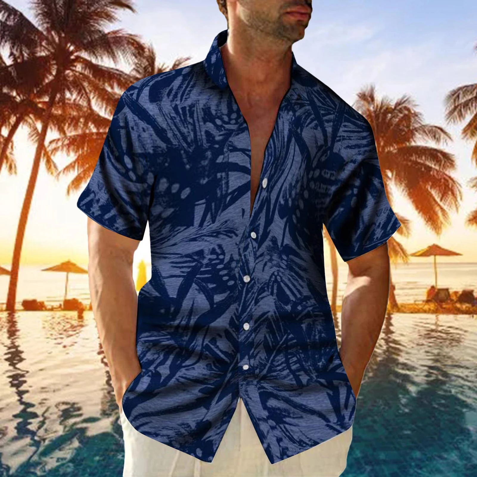 Camisa de praia de manga curta masculina, camisa floral azul de coqueiro, roupa estampada com botões de lapela, moda casual, verão, plus size, sale