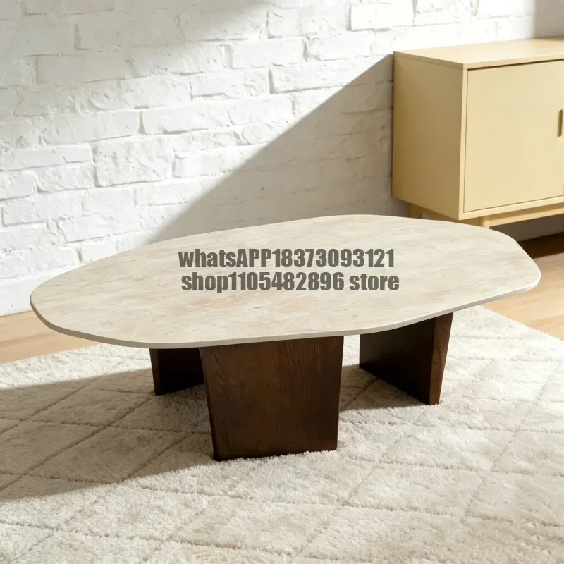Wabi Sansan Solid Wood Travertine Coffee Table Modern Living Room Oval Creative Combination, Coffee Table