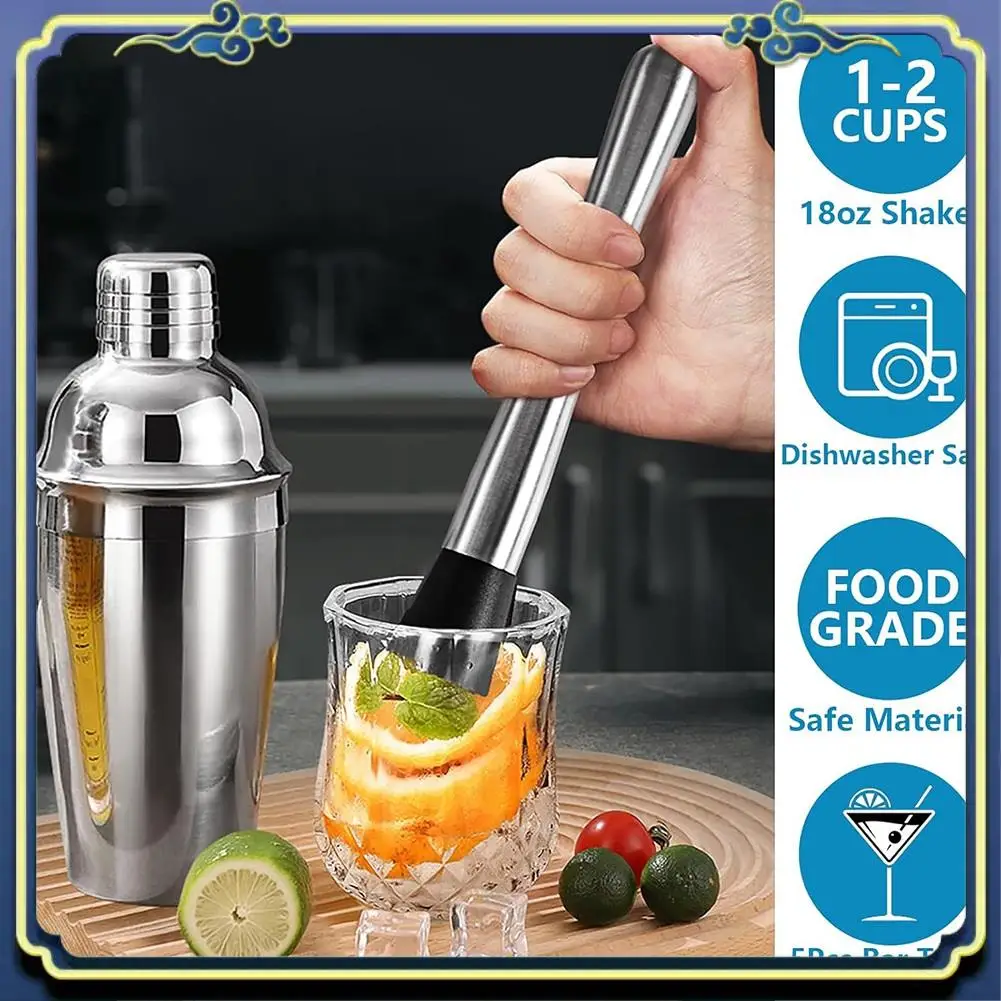 Latest 5-Piece Cocktail Shaker Set Shaker Strainer Jigger T-Mixing Spoon Muddler Bartender Kit Stainless Steel Bar Set