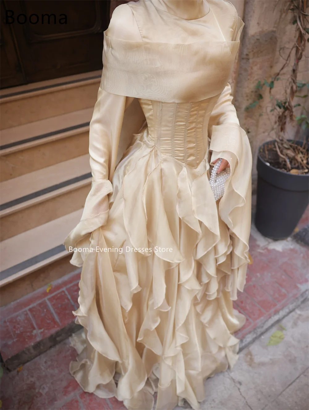 Booma أنيقة مطوي س الرقبة ألف خط فساتين رداء حفلات رسمية للنساء كم طويل فستان حفلات بسيط تخصيص 2025