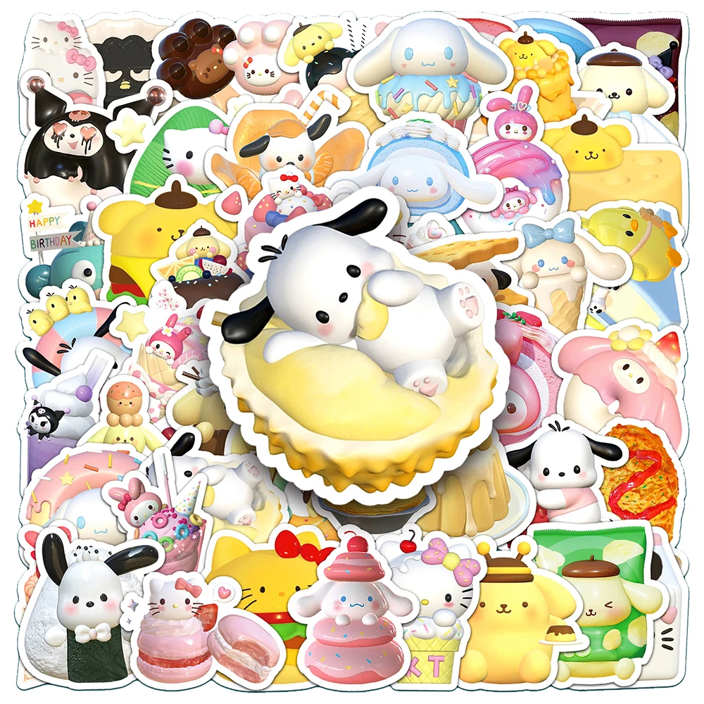 10/30/50PCS 3D Cartoon Food Sanrio Stickers Aesthetic Hello Kitty Pochacco Cinnamoroll Cute Anime Decals Toy DIY Diary Phone Car