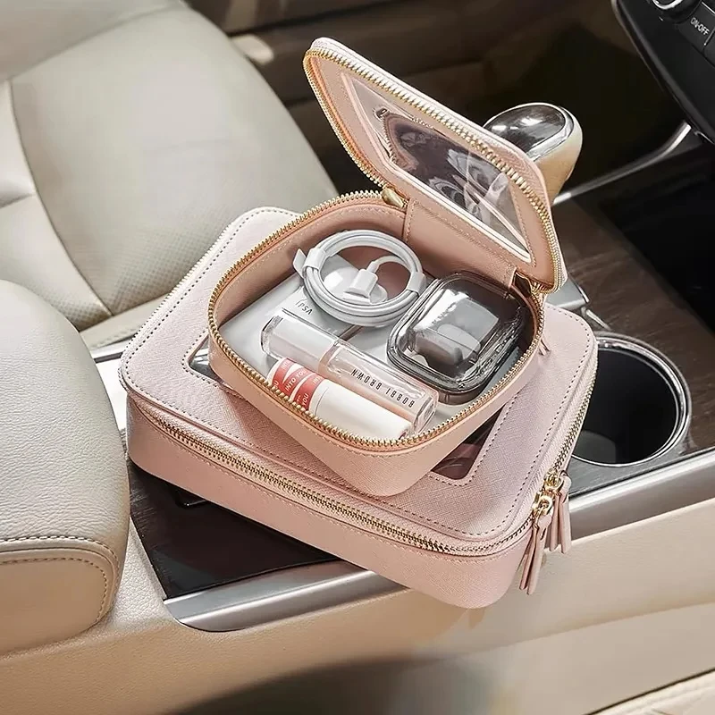 حقيبة مستحضرات تجميل صغيرة شفافة Pu Saffiano نباتي من الجلد الصناعي لطيف صغير مرئي نافذة تخزين أحمر الشفاه مستحضرات التجميل الحقيبة