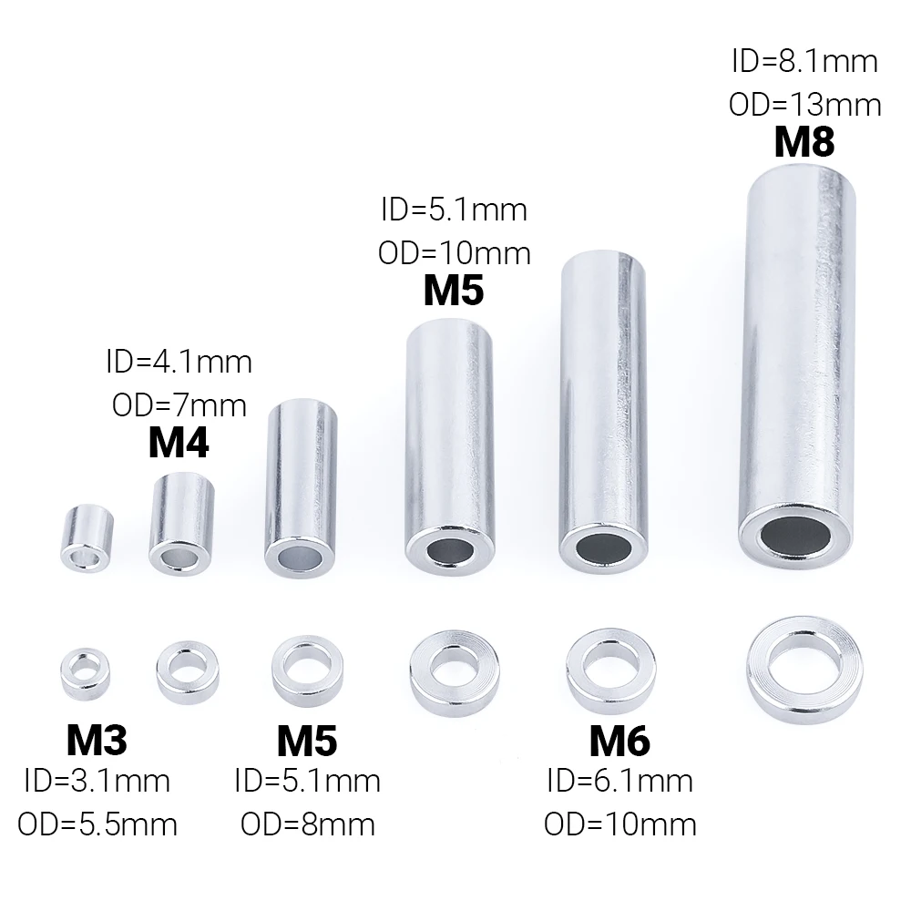 10-100pcs/Lot M3 M4 M5 M6 M8 Aluminium Round Spacers Flat Washer Bushing Gasket Sleeve Unthreaded Standoffs