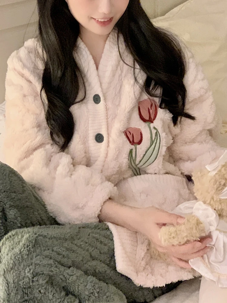 Winter Sleepwear Women Coral Fleece Warm Tulip Embroidery Pajama Sets Suit Thickening Flannel 2 Piece Night Wears Home Clothes