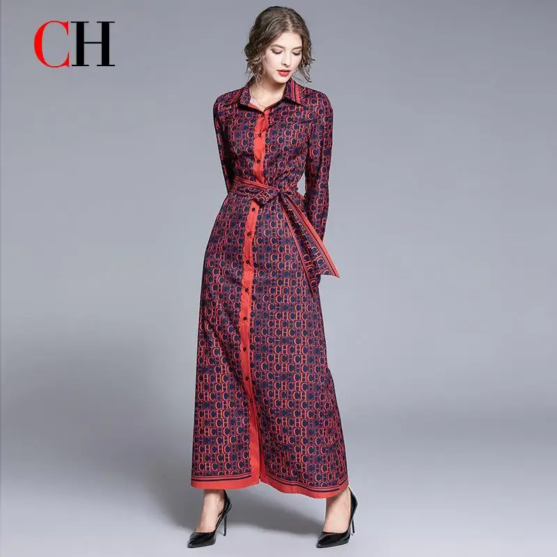 CH Monogram Print Long Sleeve Button Down Shirt Dress Belted Waist Contrast Trim Maxi Dress Elegant Fashion Office Wear ﻿ - view 3