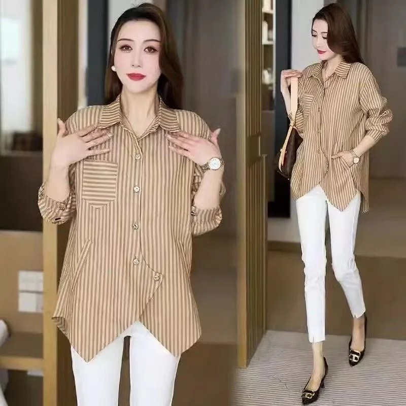 

2025 Spring Autumn New Tops coat Loose Blouse Fashion Design Sense Irregular Shirt Long-Sleeved Striped Tee Shirts Women's