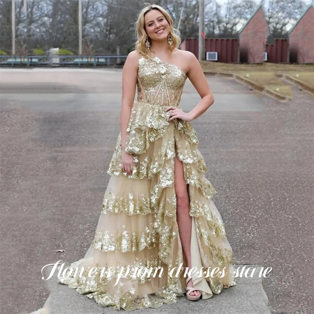 

Flowers Blue A Line Evening Dress Sequin Party Dresses Tiered vestidos de fiesta One Shoulder Prom Gowns with Slit Customized
