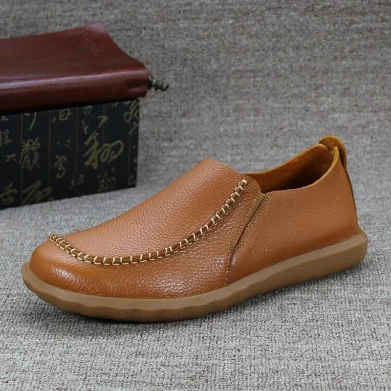 

Vintage Men's Genuine Leather Casual Shoes Spring/Autumn Beef Tendon Sole Driving Loafers Handmade Sewing Designer Flats