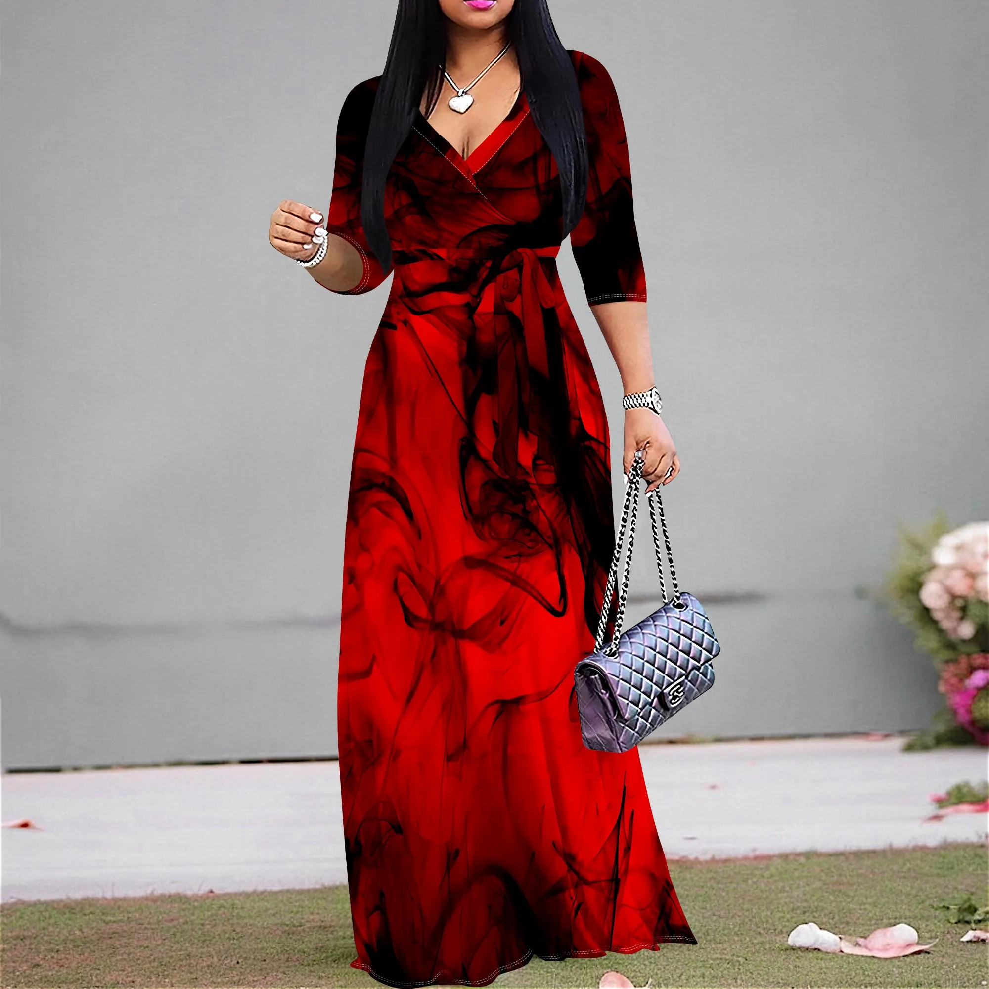 

Women's Gothic Smoke Print Maxi Dress V-Neck Red Black Tie Waist Long Party Nightclub Outfit S-3XL Valentine's Look