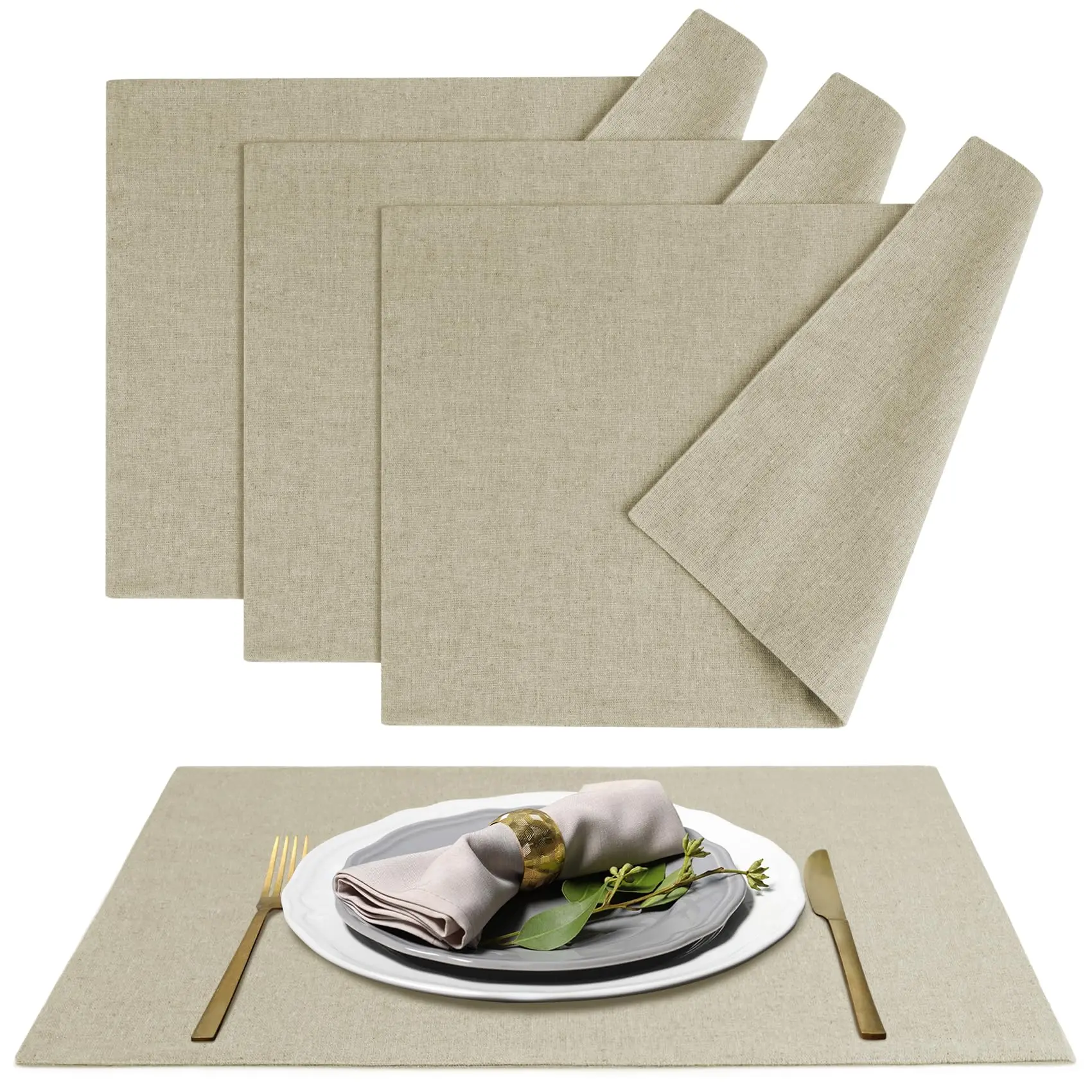 Waterproof Table Placemats Washable Cotton Thick Faux Linen Place Mats Heat Resistant Double Layer Fabric Wrinkle Free  12x18 ''
