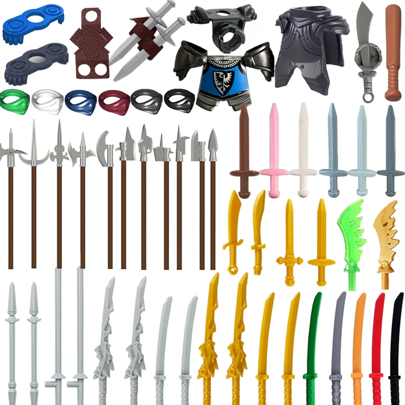 MOC-bloques de construcción militares medievales Waffen, figuras de caballero soldado, accesorios, espada, lanza, vaina, Tridente, Mini ladrillos, juguete para niño