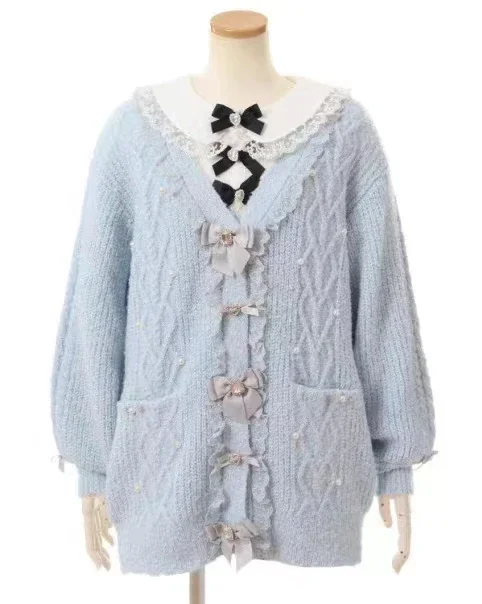 Japanese Sweet Mass-Produced Bow Pearl Beads Long Cardigan Knitwear Autumn Winter New V-neck Single Breasted Loose Sweater Coat