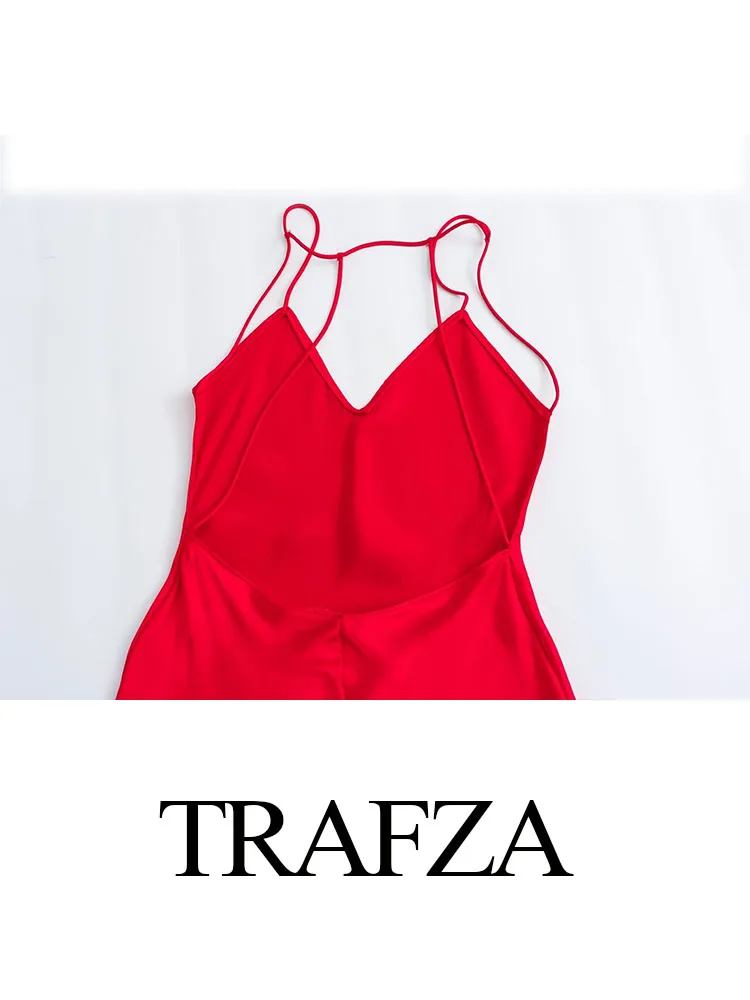 TRAFZA-Robe Longue Camisole pour Femme, Couleur Unie, Col en V, Dos aux, Décorer, Nouvelle Mode, Été, 2023