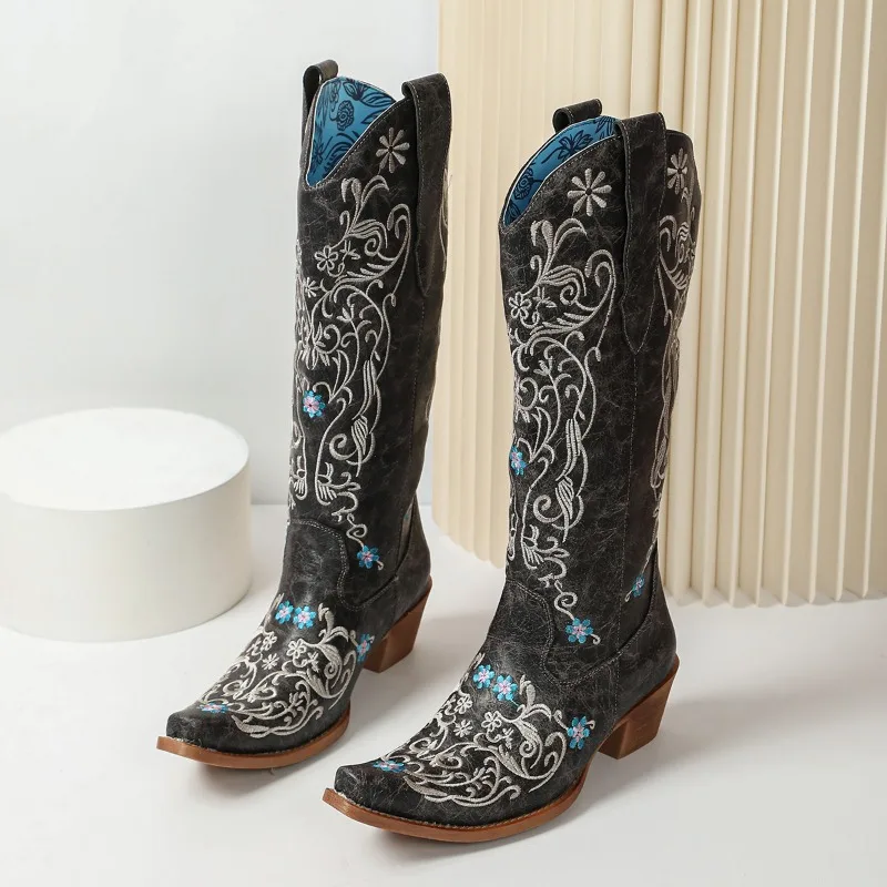 Embroidered Western Denim Vintage Knight Thigh Boots New Vintage Women's Square Heels view 5
