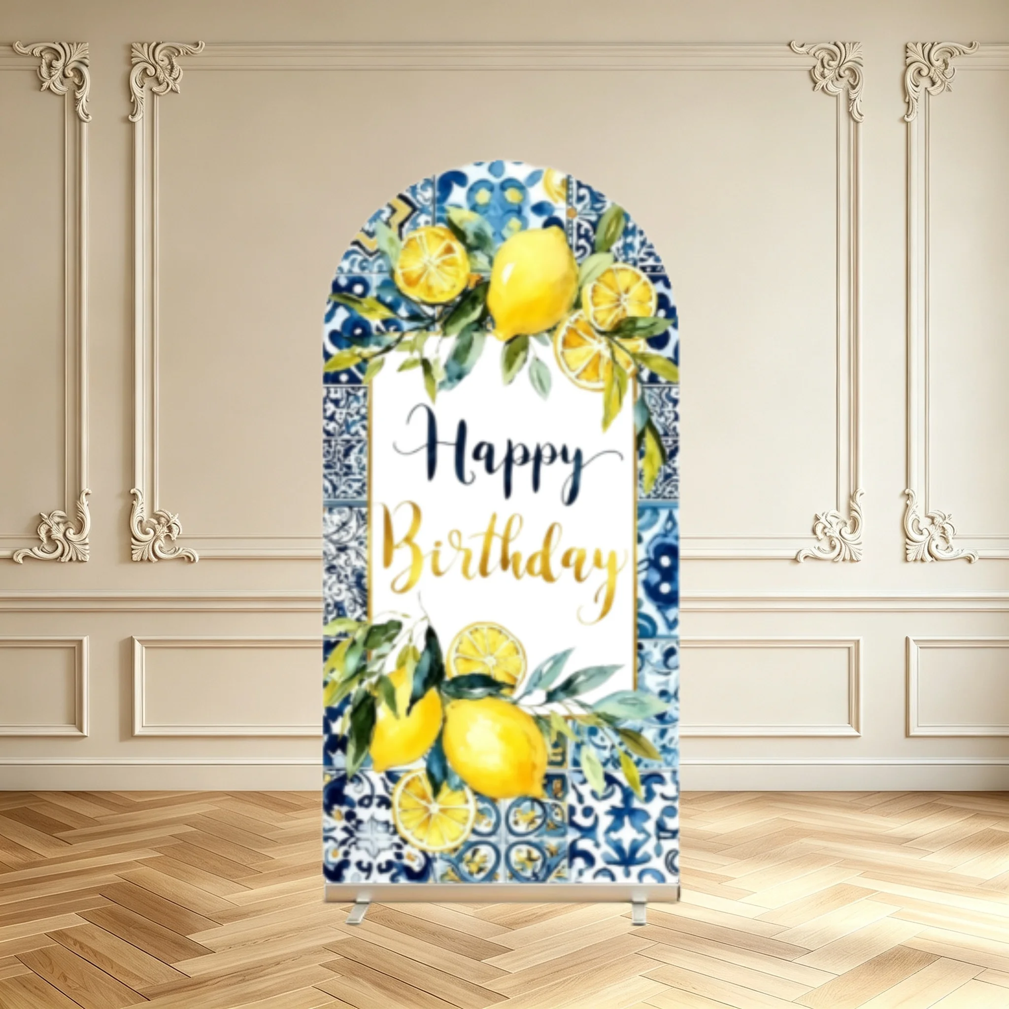 Lemon Birthday Arch Backdrop Cover Blue Portuguese Tile Floral Bridal Shower Party Decoration Double Sided Arch Cover Background