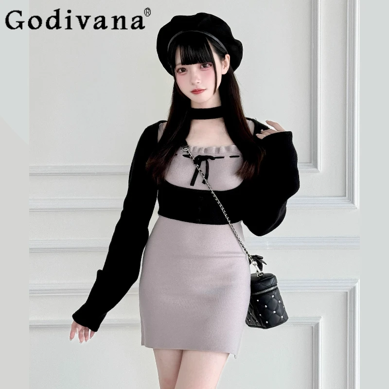 

Japanese Mass-Produced Mine Knitted Top and Dress 2-Piece Set Spring and Autumn New Women's Sweet Bow Slim Fit Knit Dress Set