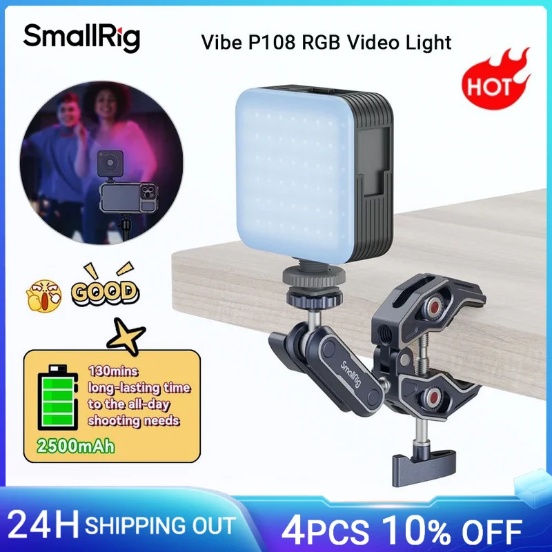 

SmallRig P108 RGB Video Light 2500mAh Rechargeable On-Camera Video Light Panel 2700K - 6500K w 3 Cold Shoe for Canon Camera 4055