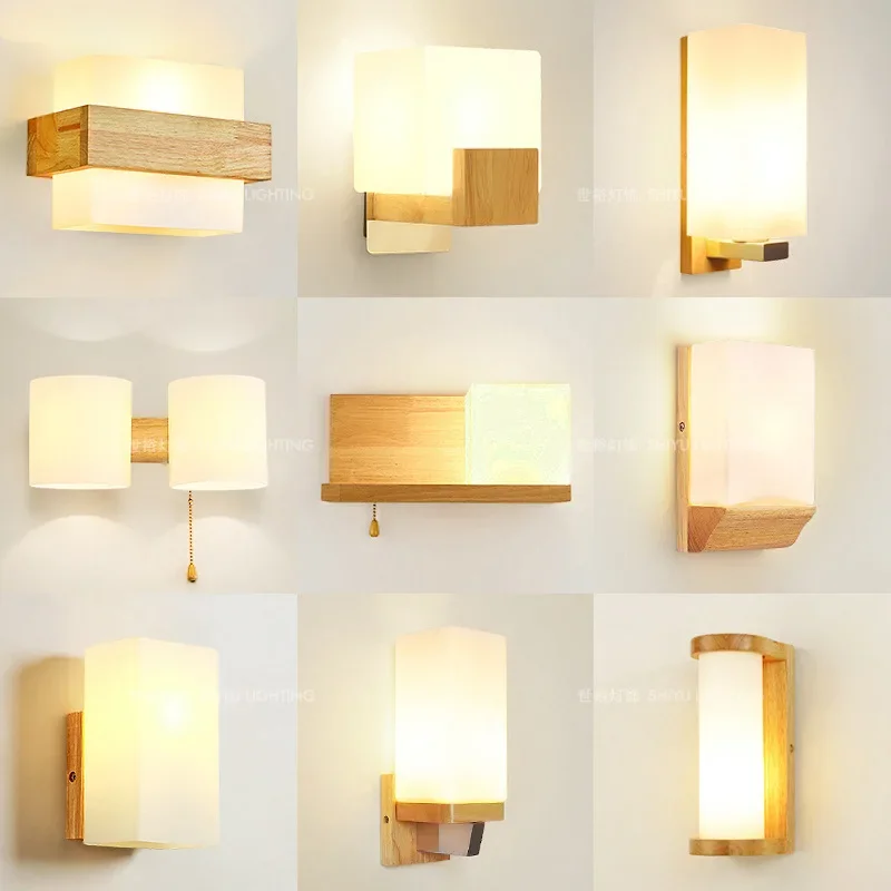 Nordic LED Wooden Wall Lamps Acrylic Bedside Wall Sconce Home IndoorLiving Room Bedroom Aisle Balcony  E27 Fixtures Night Lights