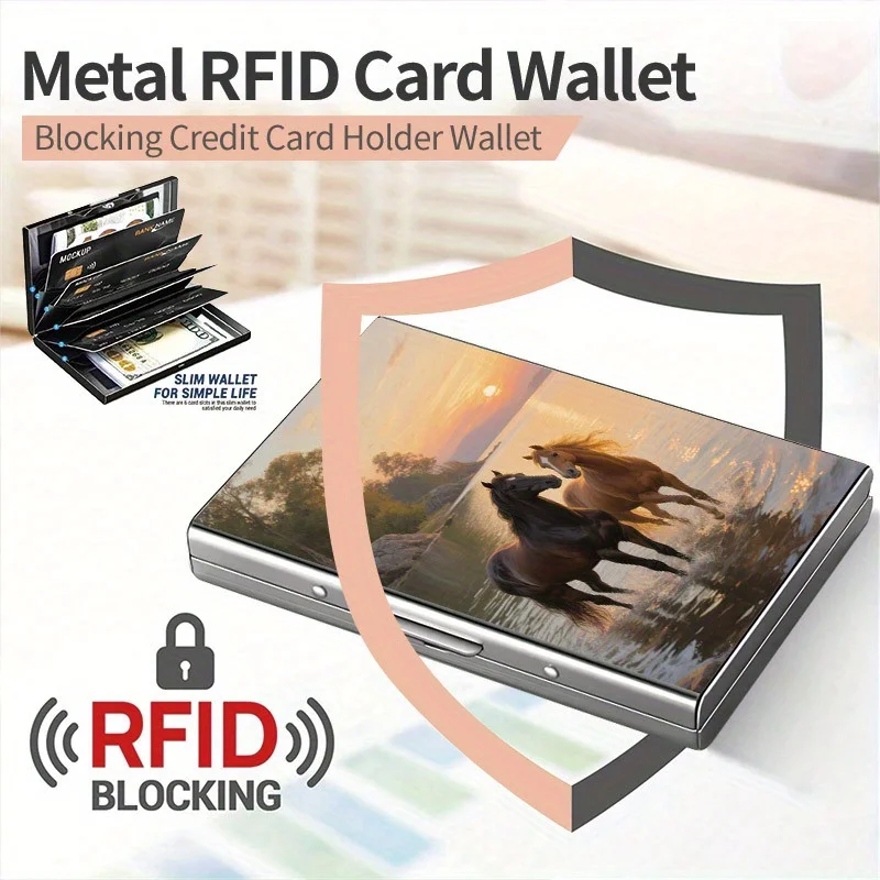 

Два лошади играют в воде. Высококачественный металлический кошелек RFID, безопасная карта хранения. | полированная поверхность | металлическая текстура
