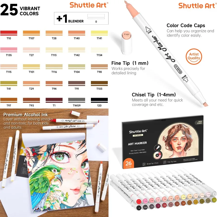 

Shuttle Art, 26 цветов, тон кожи, маркеры для волос, двойной наконечник, набор маркеров телесного цвета на спиртовой основе, содержит 1 блендер, идеально подходит f
