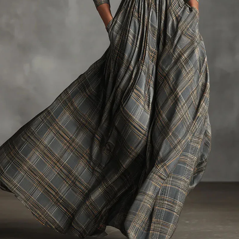 Französisch Retro Plaid Print Swing Lange Maxi Kleid Frau Sexy Tiefem V-ausschnitt Taste Hemd Kleid Herbst Langarm Taschen Boho Kleider