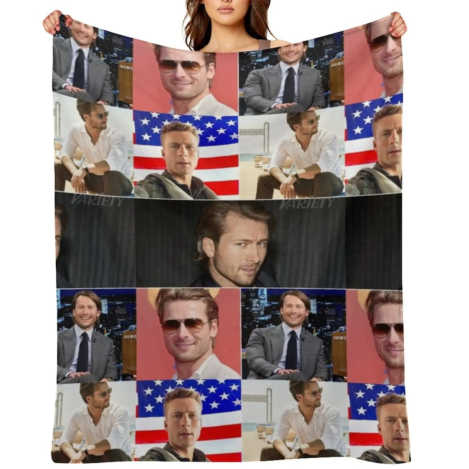 Glen Powell American actor Cool Photos Compilation Collage - 1 Throw Blanket Flannel Fabric funny gift sofa bed Furry Blankets